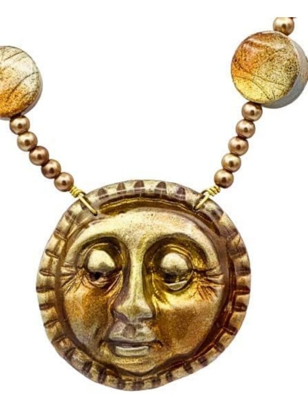 Bronze Sun Beaded Necklace with Faux Pearls - Elegant Statement Jewelry